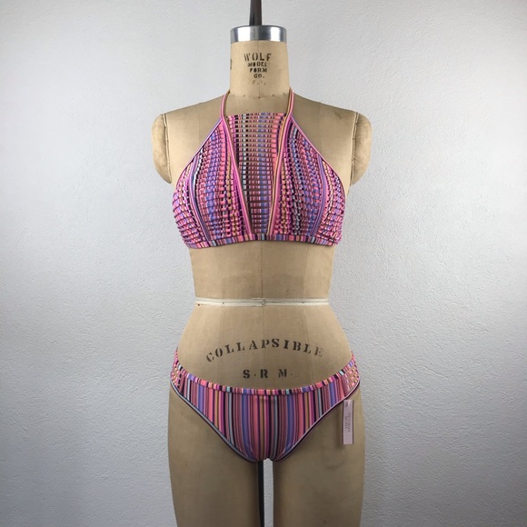 Victoria's Secret Other - Victoria’s Secret l M The Itsy Pink Stripe Texture Halter Cheeky Bikini Swimsuit